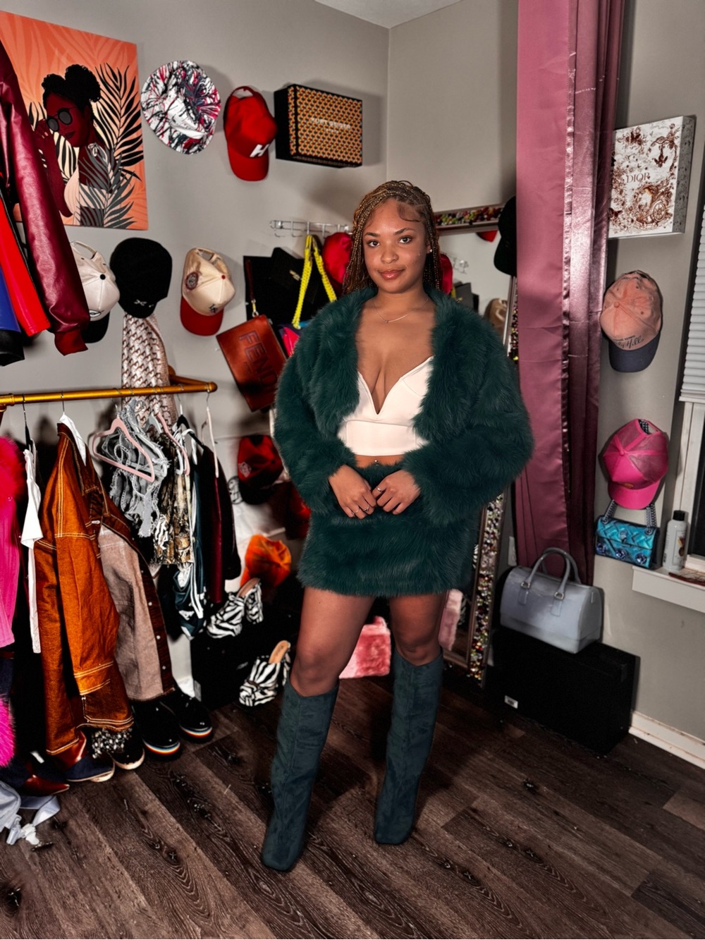 Faux Fur Crop Jacket and Mini Skirt Set in Dark Green - Women